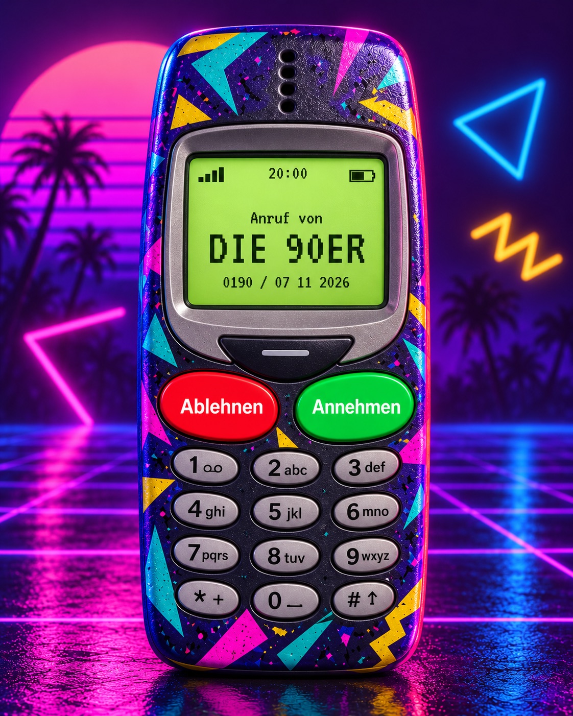 Ein buntes 90er-Handy klingelt. Auf dem Display: Anruf von DIE 90ER.